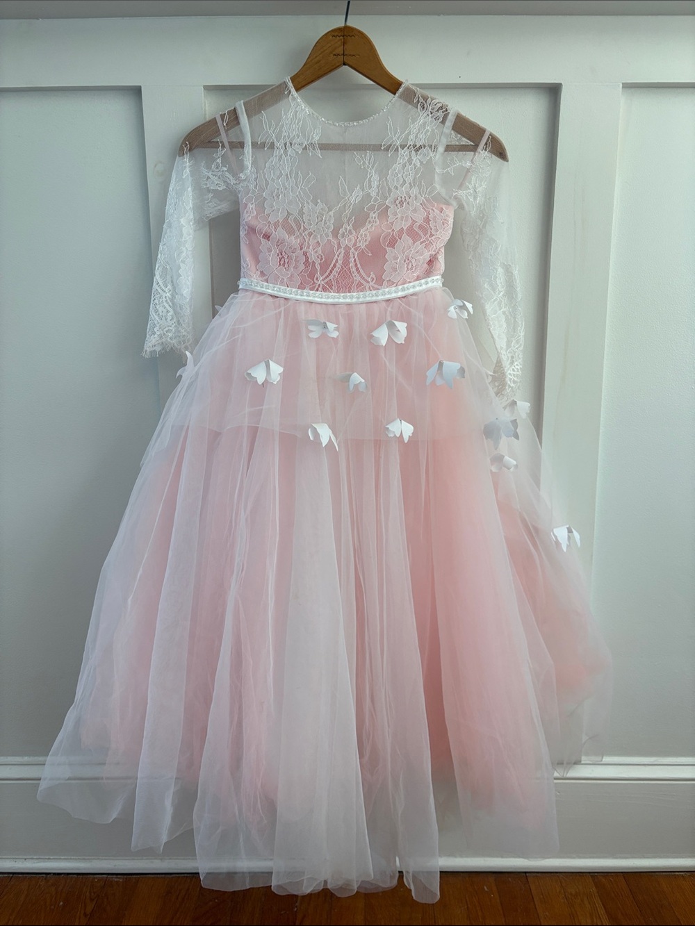 Girls Pink Lace & Tulle Party Dress with Butterfly Appliqué